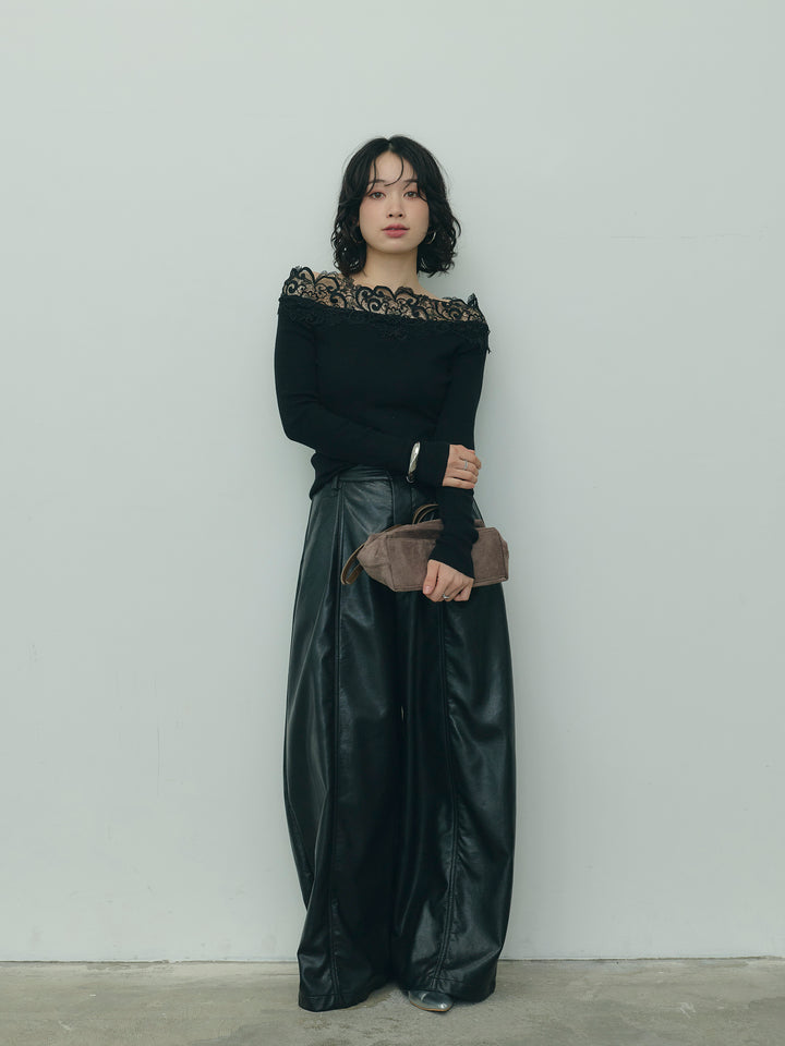 レースデザインオフショルダーリブニット