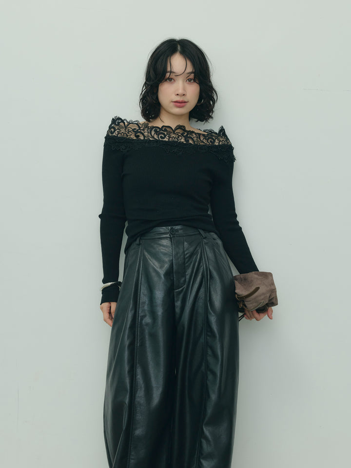 レースデザインオフショルダーリブニット