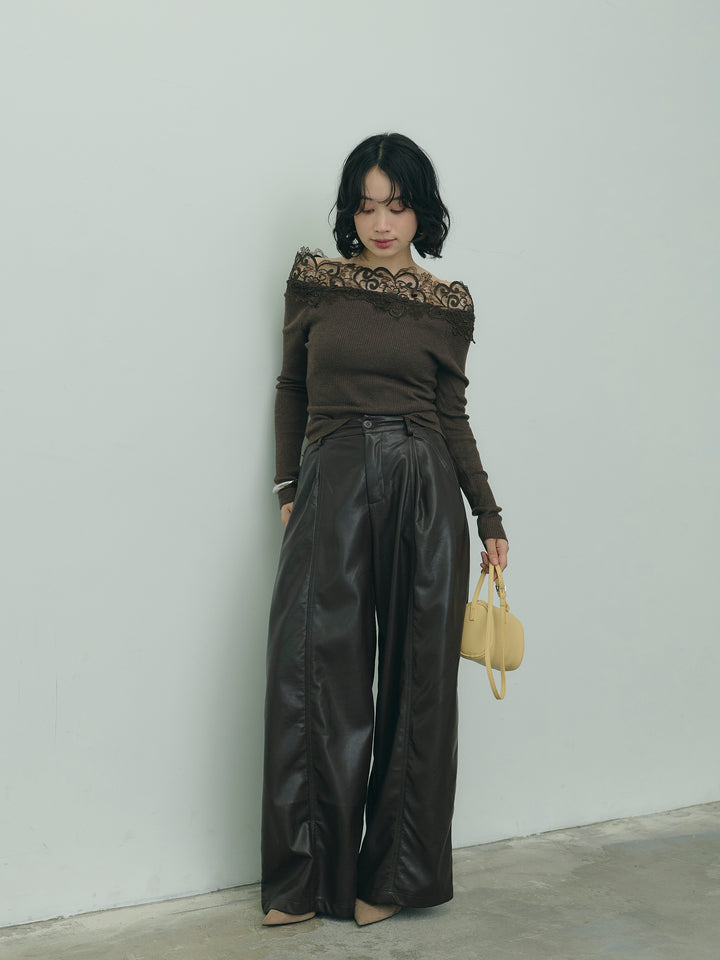 レースデザインオフショルダーリブニット