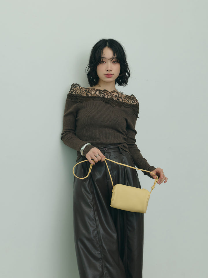 レースデザインオフショルダーリブニット