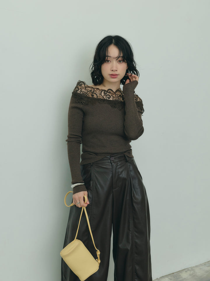 レースデザインオフショルダーリブニット