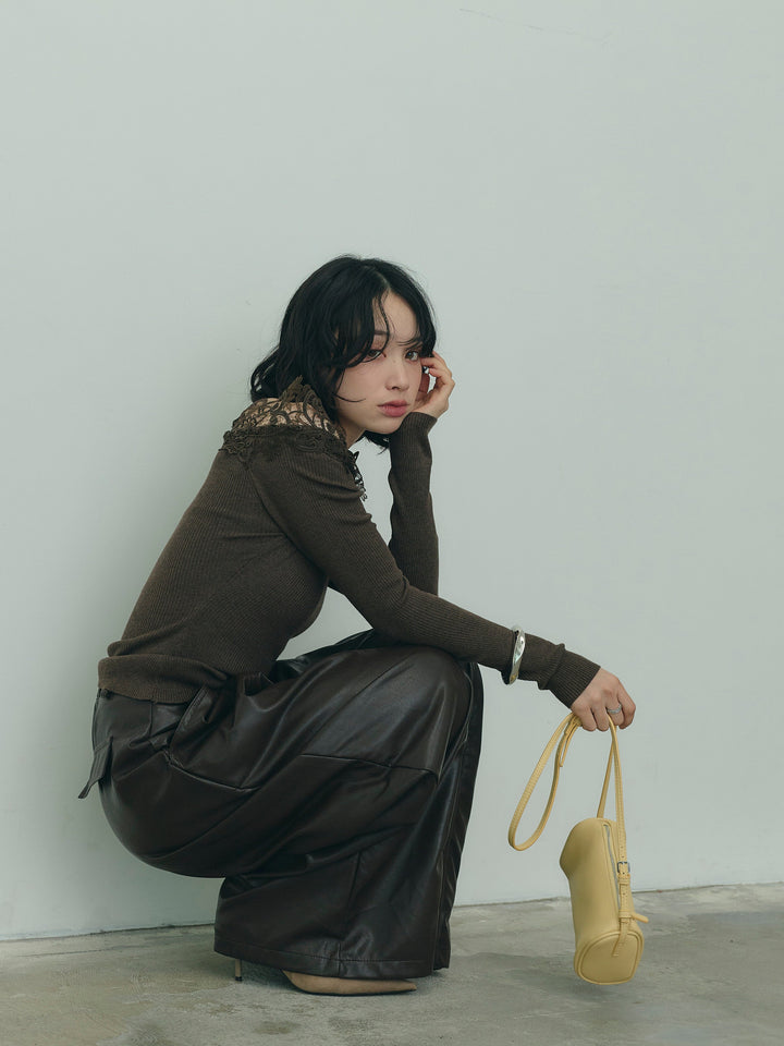 レースデザインオフショルダーリブニット