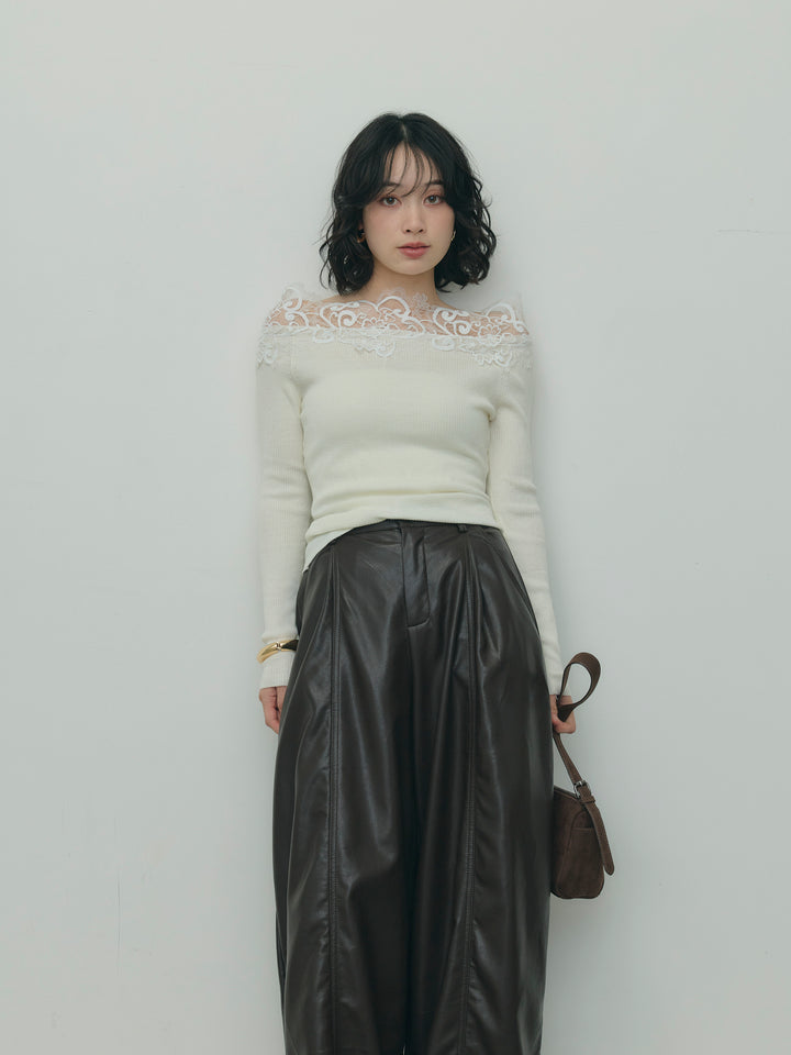 レースデザインオフショルダーリブニット