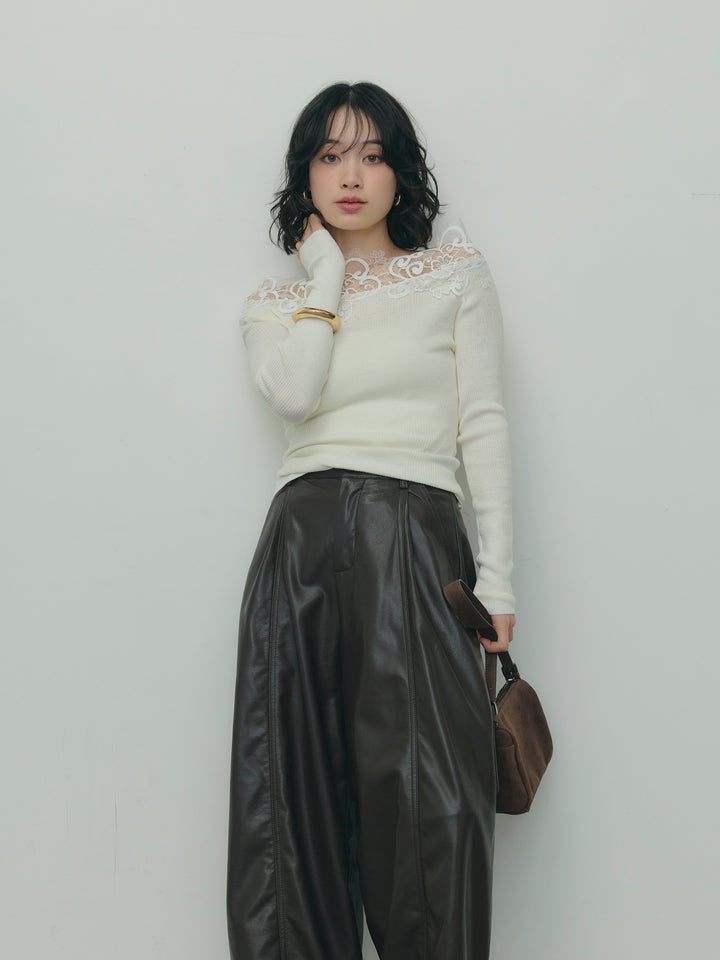 レースデザインオフショルダーリブニット