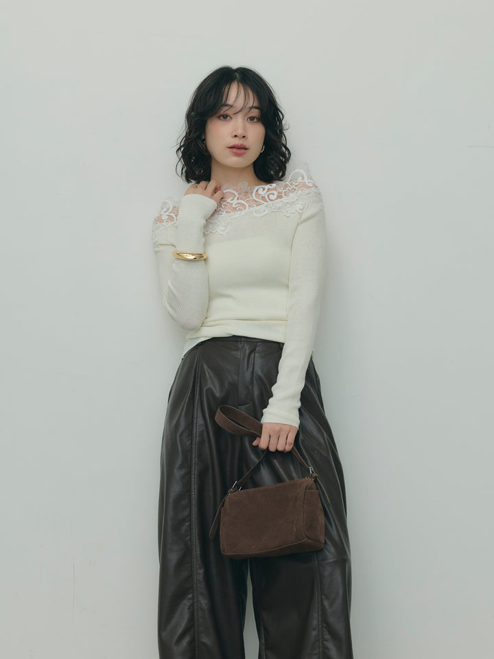 レースデザインオフショルダーリブニット