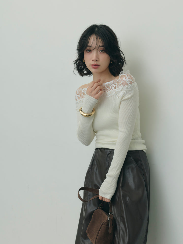 レースデザインオフショルダーリブニット