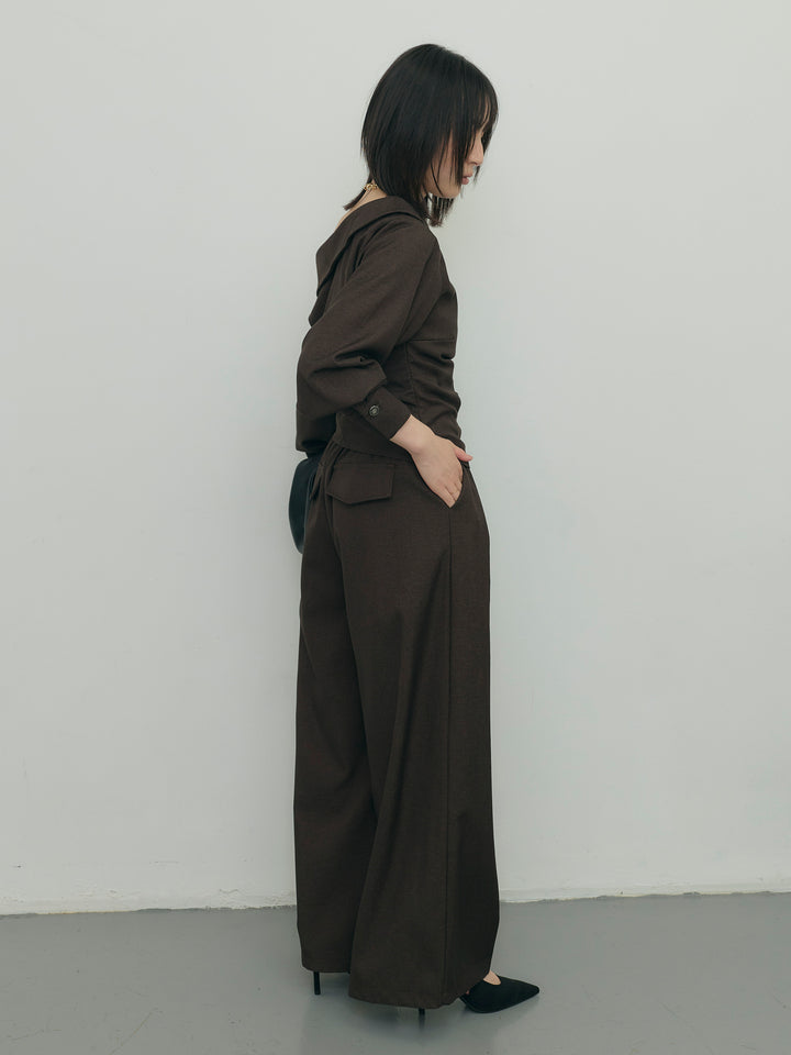アシンメトリーショルダートップス×タックワイドパンツセット