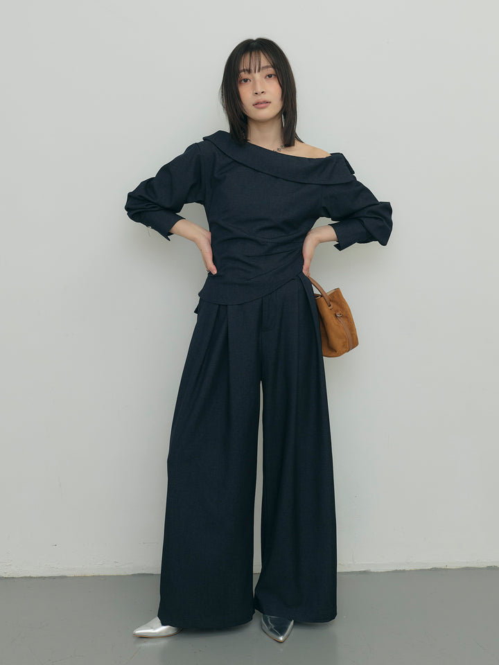 アシンメトリーショルダートップス×タックワイドパンツセット