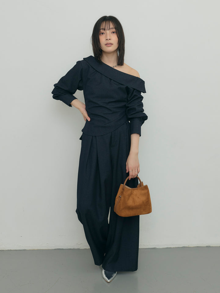 アシンメトリーショルダートップス×タックワイドパンツセット
