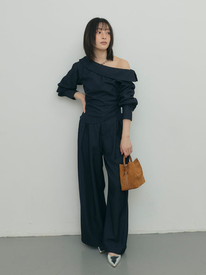 アシンメトリーショルダートップス×タックワイドパンツセット