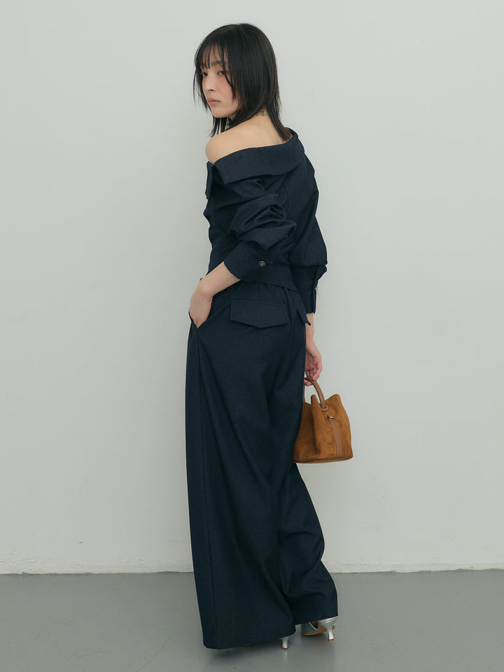 アシンメトリーショルダートップス×タックワイドパンツセット