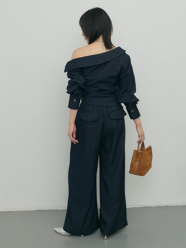 アシンメトリーショルダートップス×タックワイドパンツセット