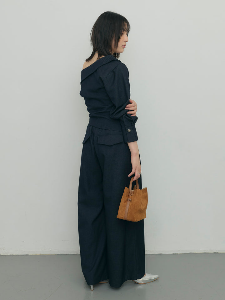 アシンメトリーショルダートップス×タックワイドパンツセット