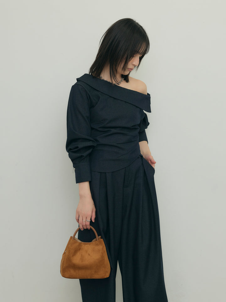 アシンメトリーショルダートップス×タックワイドパンツセット