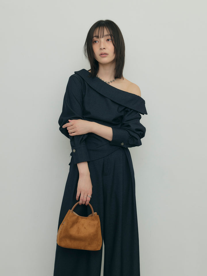 アシンメトリーショルダートップス×タックワイドパンツセット
