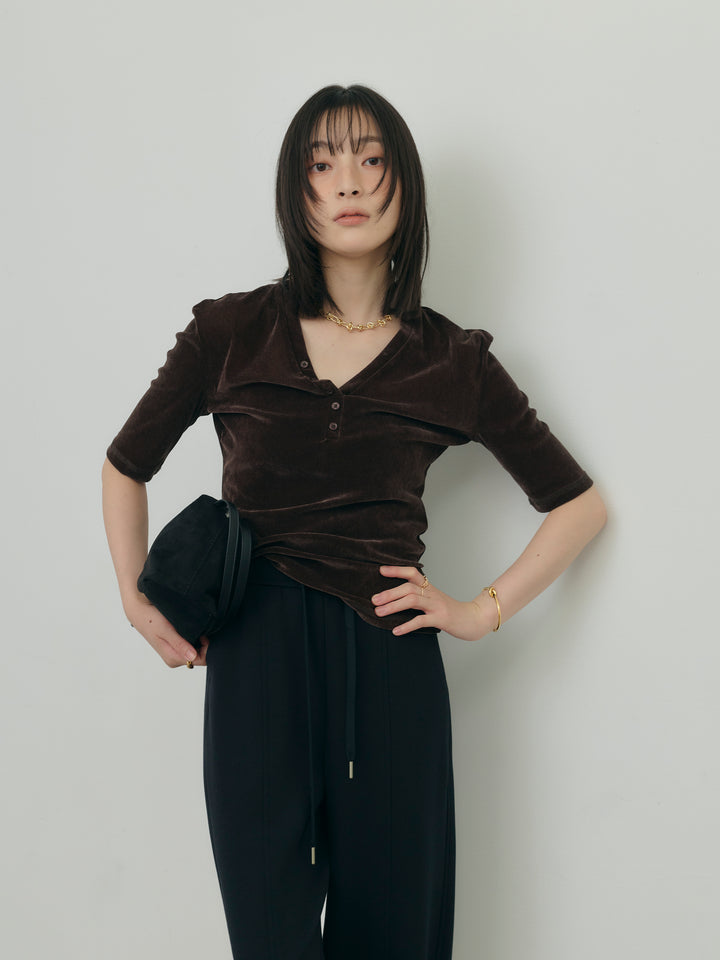 ベロアVヘンリーネックハーフスリーブトップス