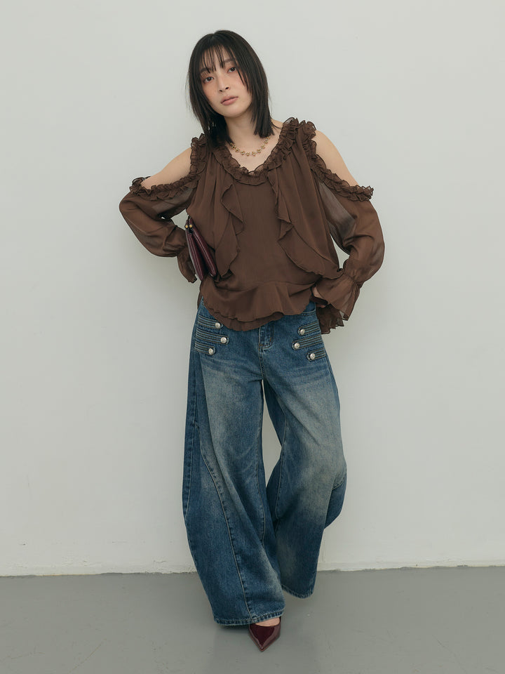 ラッフルフリルオープンショルダーブラウス