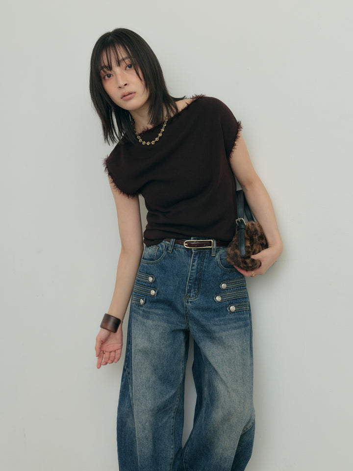 フリンジデザインフレンチスリーブニット