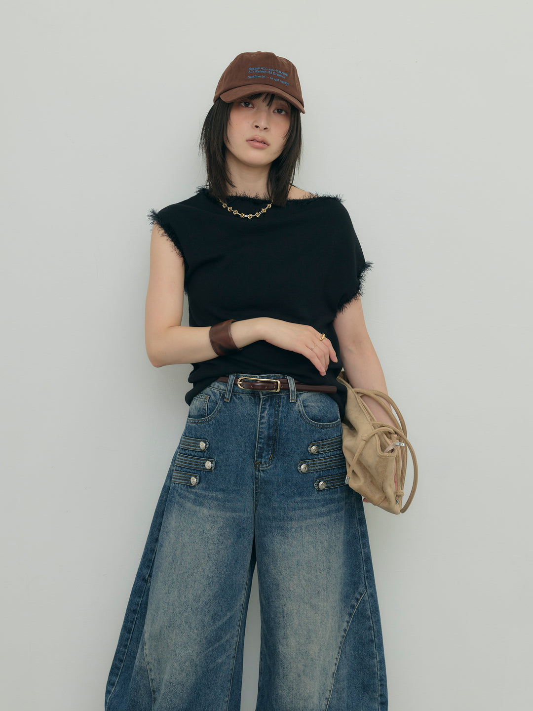 フリンジデザインフレンチスリーブニット
