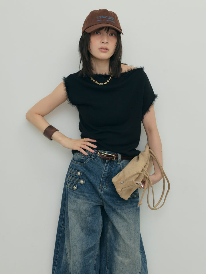 フリンジデザインフレンチスリーブニット