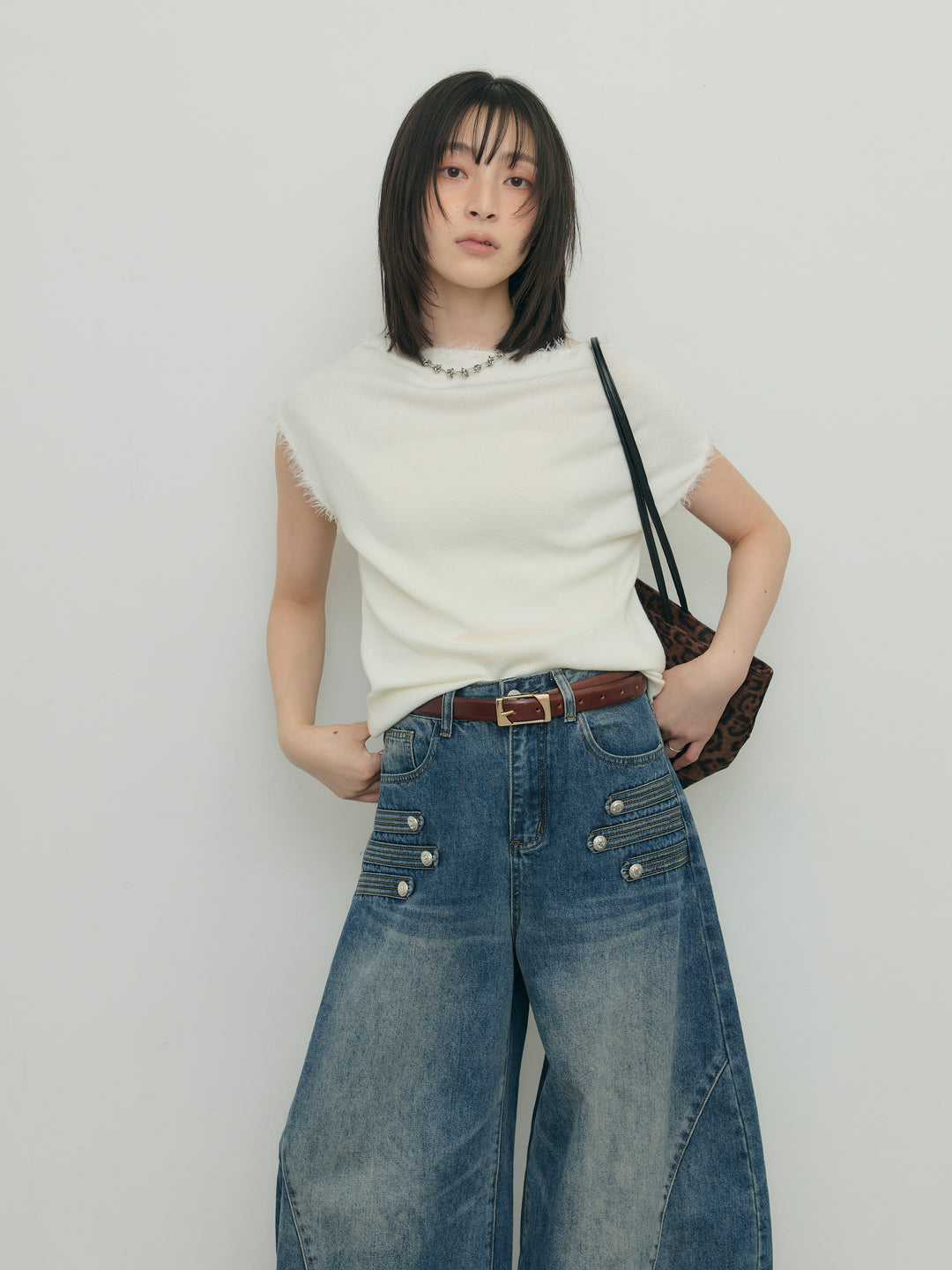 フリンジデザインフレンチスリーブニット