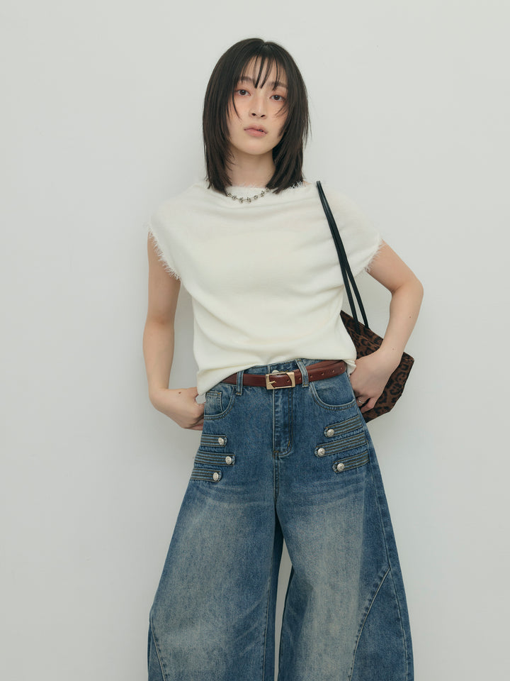 フリンジデザインフレンチスリーブニット