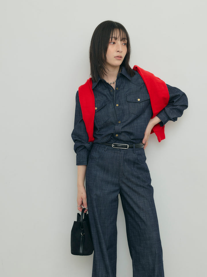 ドットボタンオーバーシャツ×ワイドパンツセット