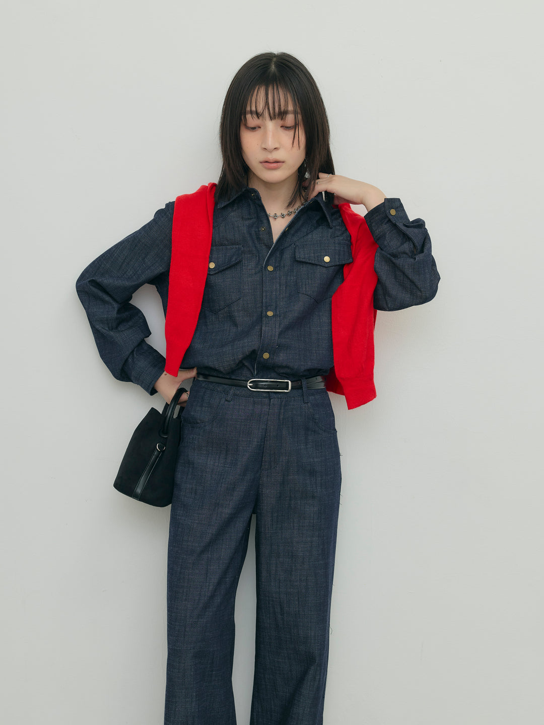 ドットボタンオーバーシャツ×ワイドパンツセット