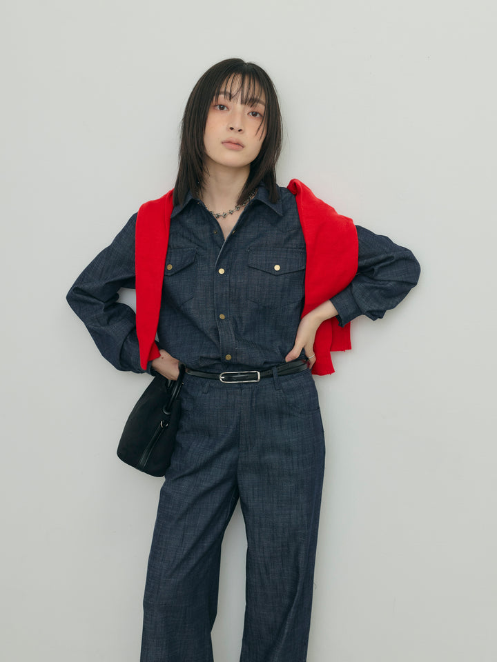 ドットボタンオーバーシャツ×ワイドパンツセット