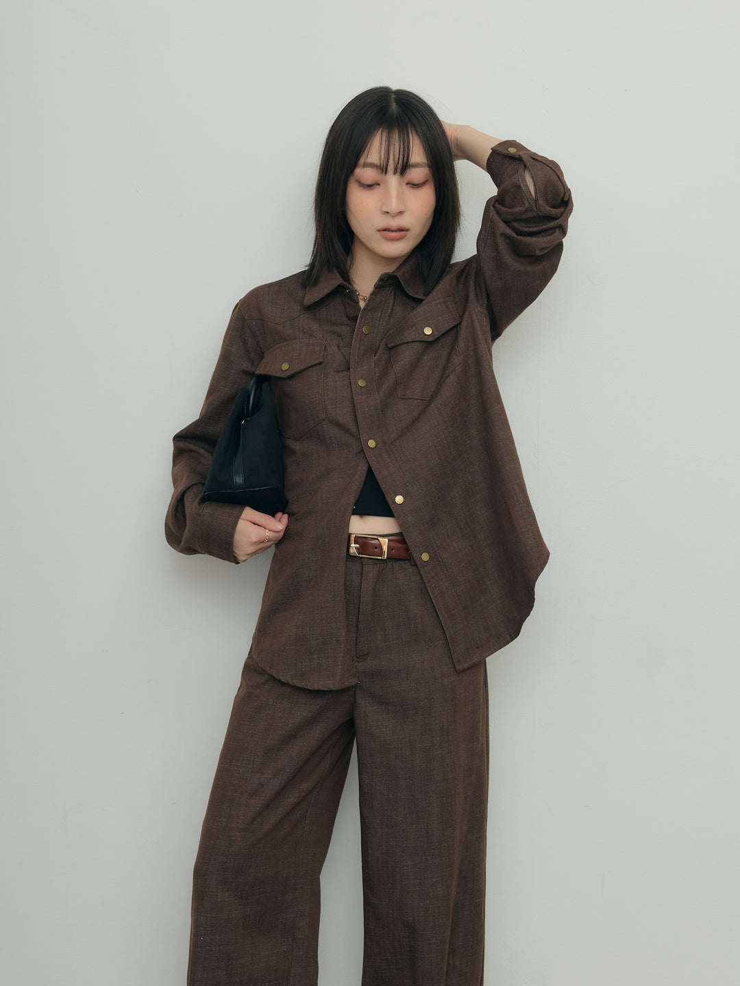 ドットボタンオーバーシャツ×ワイドパンツセット