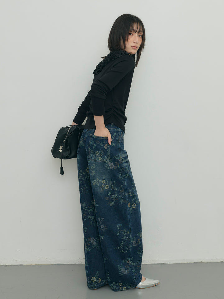 フラワージャガードカーブデニムパンツ