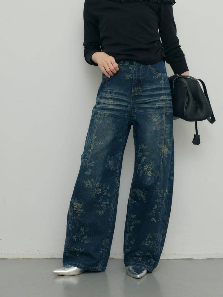 フラワージャガードカーブデニムパンツ