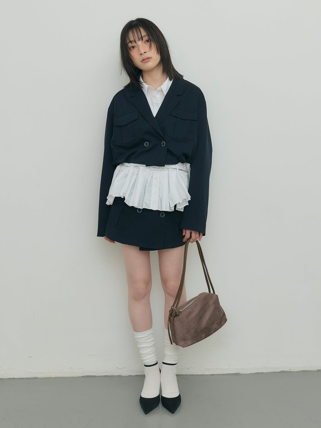 バルーンヘムショートジャケット×Wボタンショートパンツセット