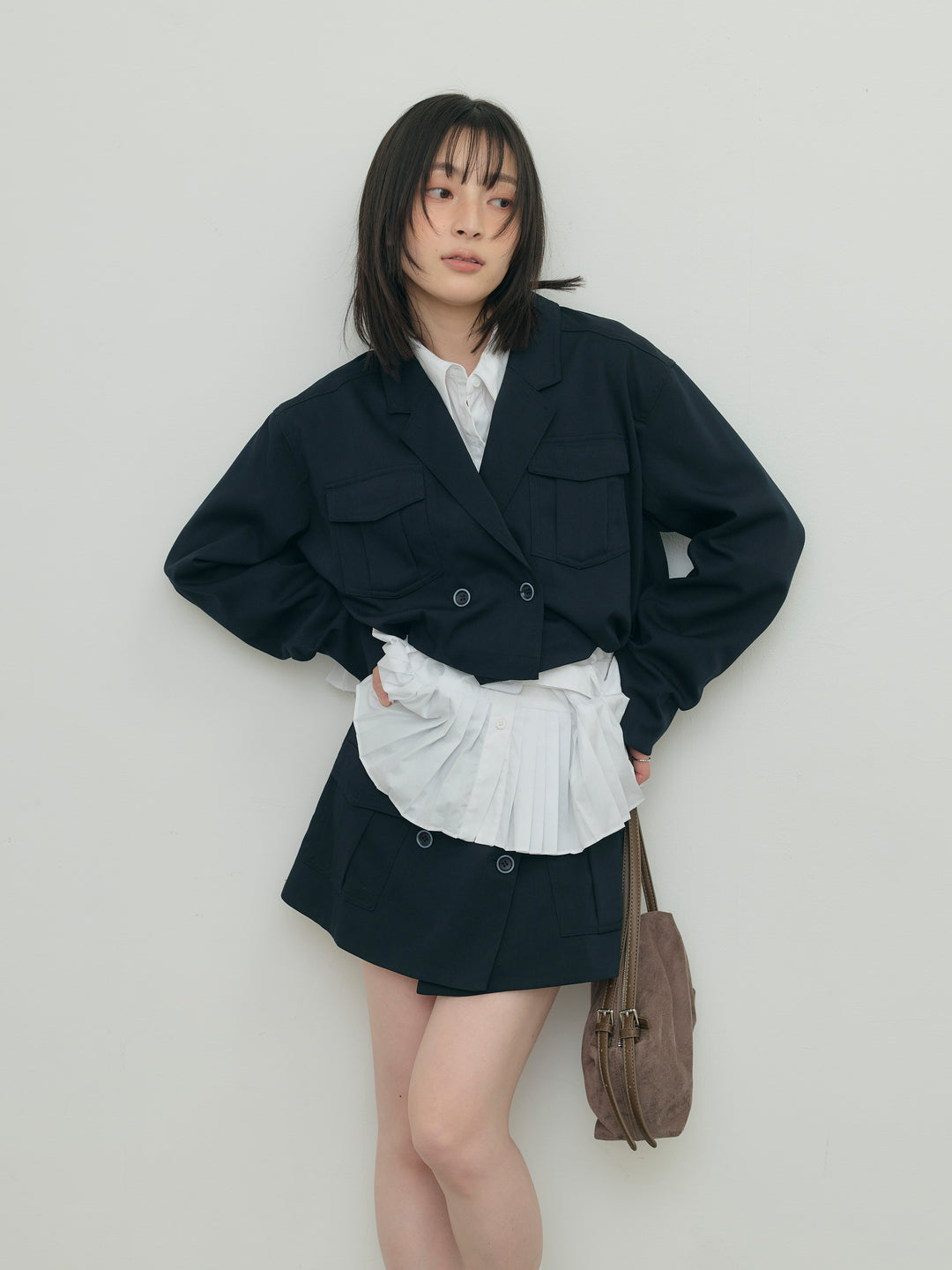 バルーンヘムショートジャケット×Wボタンショートパンツセット