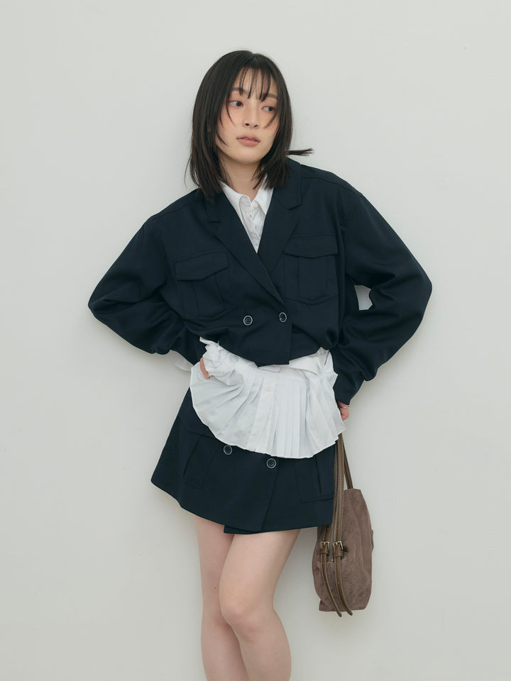バルーンヘムショートジャケット×Wボタンショートパンツセット